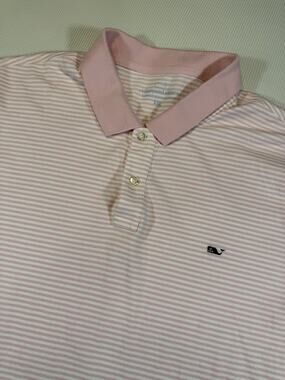 Vineyard Vines Polo Shirt Mens XXL Pink White Striped Whale Logo Stretch Golf
